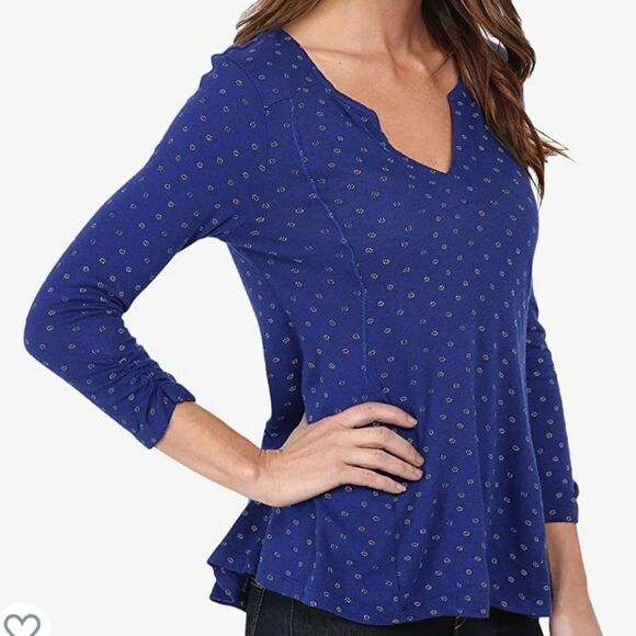 Lucky Brand Burgundy Print Ruched Sleeve Thermal Tee Linen Knit Shirt Medium Top - Picture 5 of 13